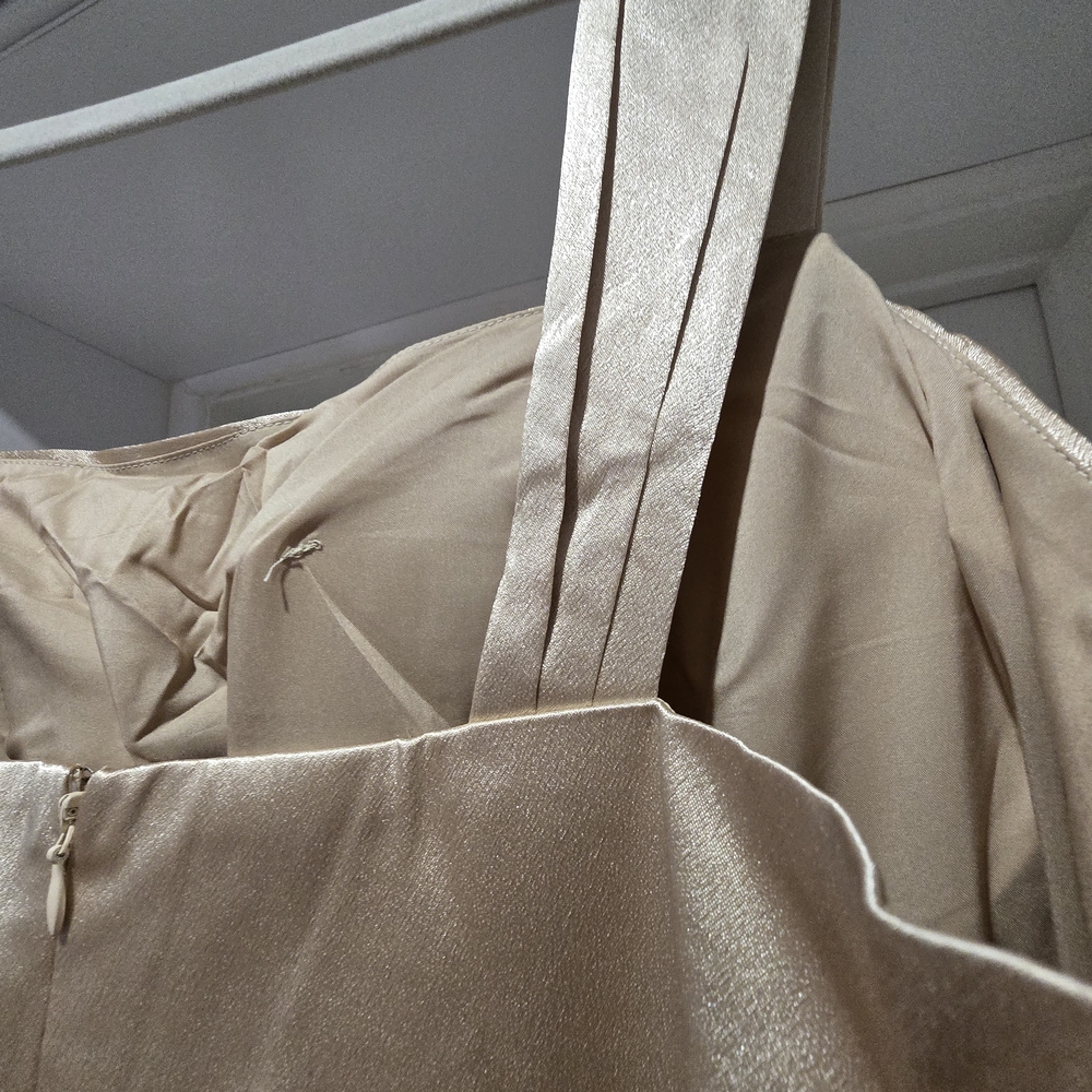 Champagne Satin Evening Dress W/Wide Straps Pleated Bodice, Side Slit - Picture 8 of 12